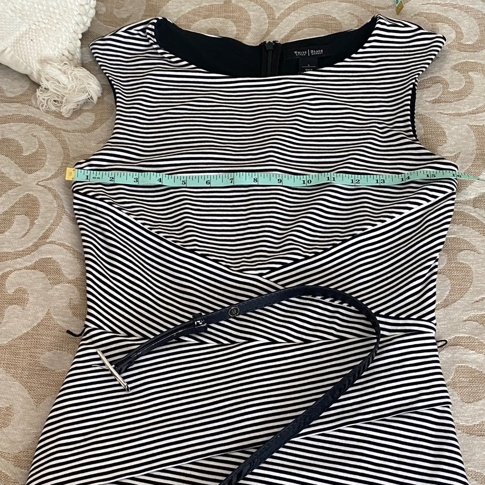White House Black Market Black White Striped Sheath Dress Belted Size 6 - Picture 8 of 10